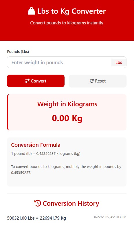 Lbs to Kg conversion chart showing pounds and kilograms with formula and calculator